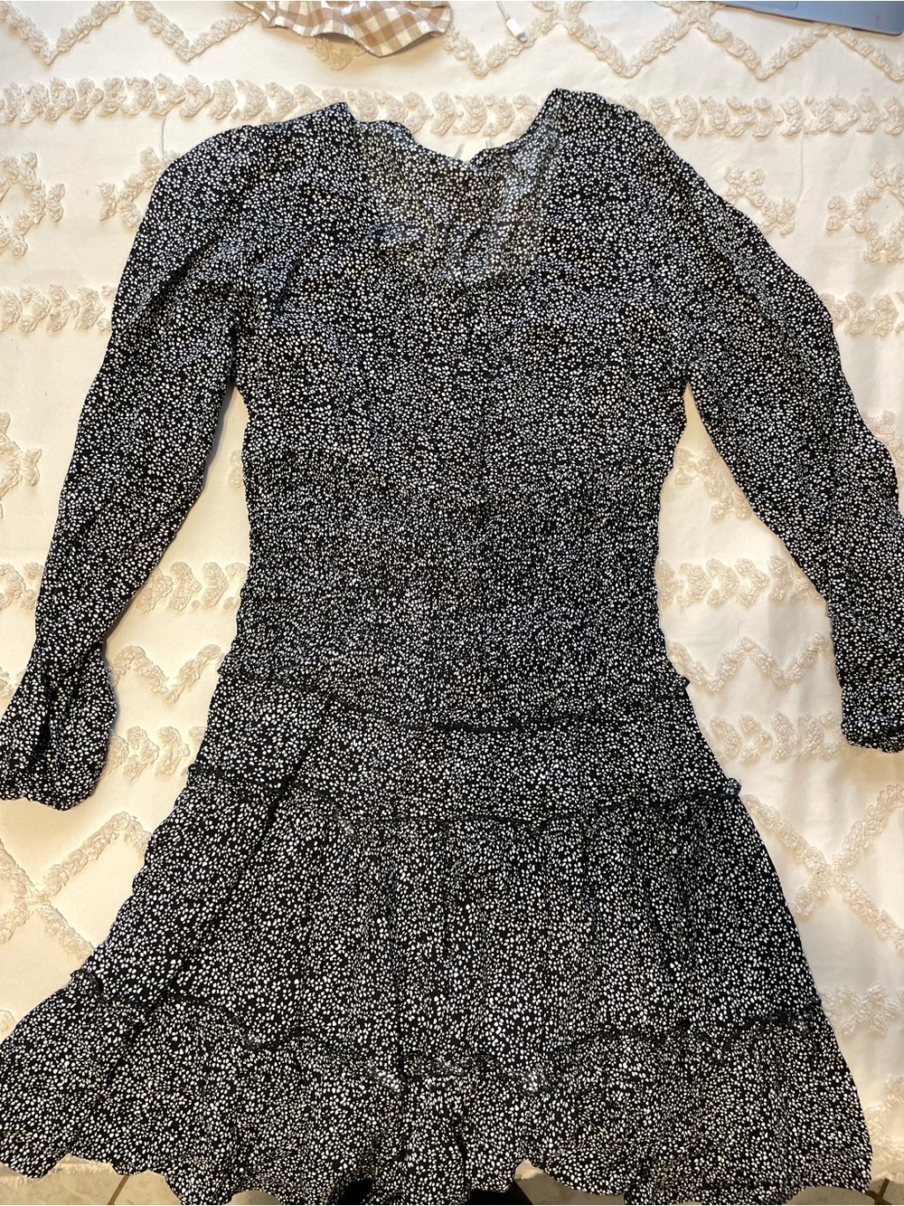 Black and White Long-Sleeve Tiered Ditsy Floral Dress
